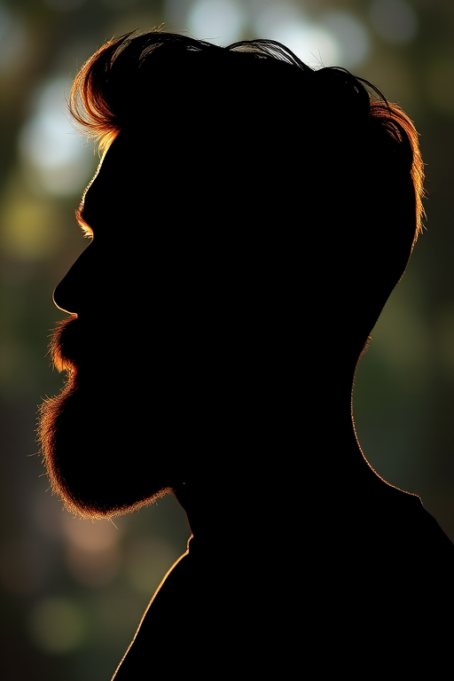 Regenerate the image of a stylized silhouette of a bearded man with a soft focus background, using a DSLR camera, 50mm lens, f/1.8 aperture, ISO 100, and natural lighting for enhanced detail and depth.