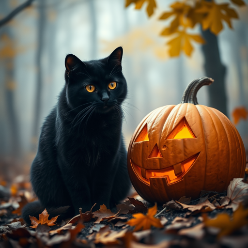 Black cat with glowing yellow eyes sitting beside a carved pumpkin in a misty forest with autumn leaves, shot with a Canon EOS R5, 50mm lens, f/1.8 aperture, ISO 200, in soft focus with a warm color palette.