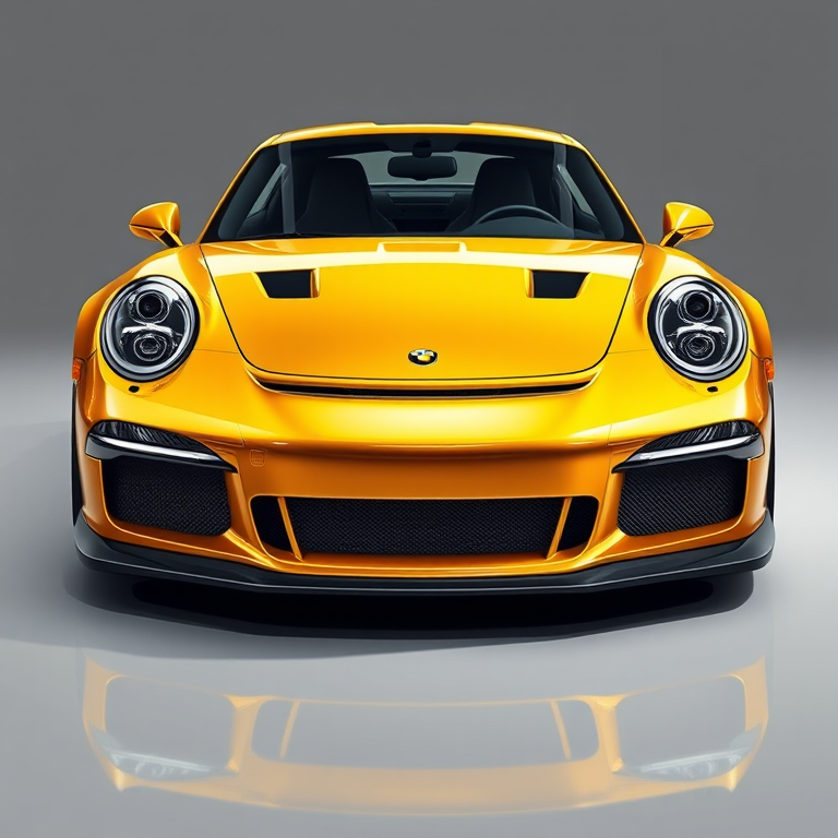 Create a high-resolution digital illustration of a gold sports car, front three-quarters view, using a Canon EOS R5 with a 24-70mm f/2.8 lens at f/8, ISO 100, and a focus on bright lighting to enhance reflections and details.