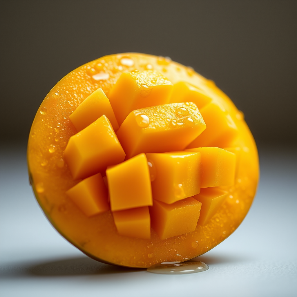 Create a hyper-realistic image of a fresh mango sliced in half with cubes visible, droplets of juice beading on its surface, soft diffused lighting, macro lens, f/2.8, ISO 100, 50mm focal length, shot from a slightly elevated angle to highlight the texture and color vibrancy.