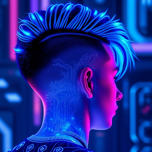 Cyber neon blue electrifies a futuristic undercut with holographic circuit patterns shaved into the sides, pulsing with the energy of a digital metropolis