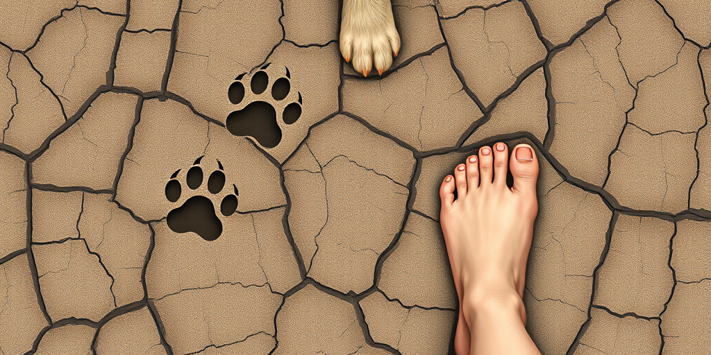 Create a detailed illustration of various animal footprints including a cat paw, dog paw, bear paw, and human foot in a cracked earth texture, camera settings: ISO 200, aperture f/8, shutter speed 1/250s, camera view from above, camera style realistic, camera type DSLR.