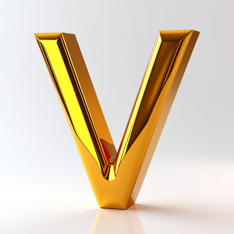 Create a high-resolution image of a shiny 3D gold letter V with reflections and highlights, shot with a DSLR camera at f/8 aperture, ISO 100, 50mm lens, in a well-lit studio setting, using softbox lighting to enhance the glossiness and depth.