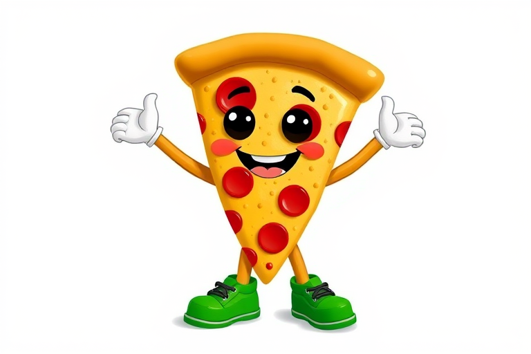 Create a cute cartoon character of a pizza slice with arms and legs, wearing green shoes, against a plain white background, shot with a Canon EOS R5 at f/2.8, ISO 100, 50mm lens, using soft lighting for enhanced quality.