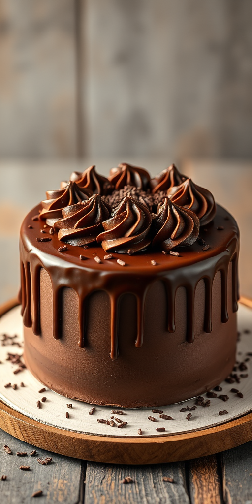 Create an image of a round chocolate cake decorated with swirls of chocolate frosting on top and chocolate ganache drizzling down the sides. The cake should have a smooth, rich chocolate exterior and be adorned with chocolate sprinkles. The background should be simple and rustic to emphasize the cake.