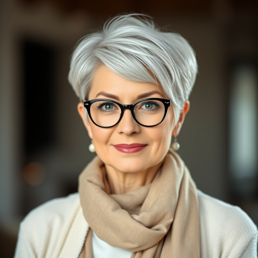 Portrait of a mature woman with short silver hair, styled in an asymmetrical pixie cut with side bangs. She wears black-framed glasses and a beige blouse with a white cardigan over it, as well as a bulky scarf in neutral tones. The woman is indoors with soft lighting and a blur in the background. Her expression is serene and confident, highlighting her elegance and modern style.