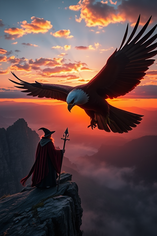a mystical scene of a wizard standing on a cliff with a giant eagle looming overhead during a sunset, captured with a Canon EOS R5, 50mm lens, f/1.8, ISO 100, 1/200s, HDR style photography, high dynamic range colors and detail