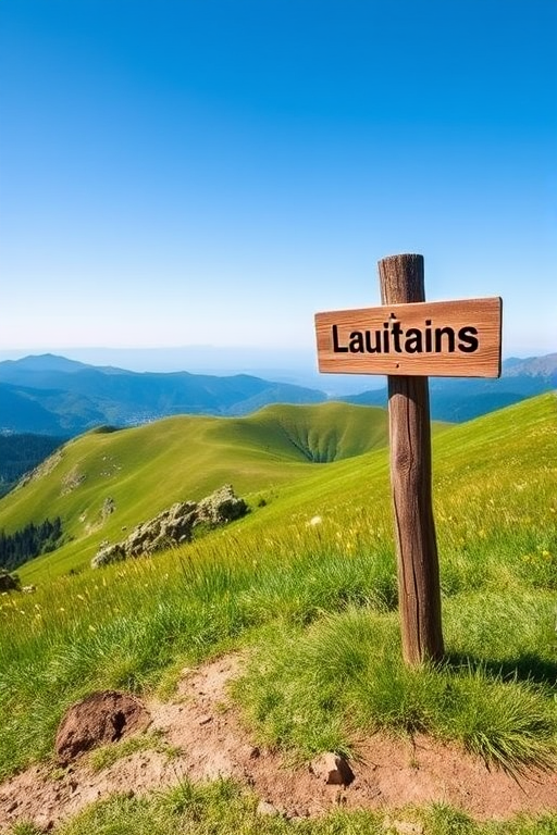 scenic mountain landscape with a wooden signpost surrounded by lush green grass and hills, captured with a DSLR camera, 24mm lens, aperture f/8, shutter speed 1/250s, ISO 100, in bright natural light with a focus on vibrant colors and clear blue skies.