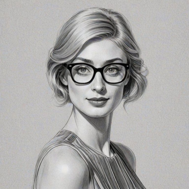 Radiant Elizabeth Debicki, pencil sketch, portrait of Elegant woman 1969s in glasses, hair style beatnik, outline, clear lines, fine lines, 8k