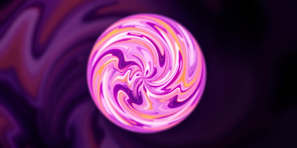 Create a high-resolution abstract image of a glowing orb with intricate swirling patterns in purple, white, and orange, using a Canon EOS R5 with a 50mm lens at f/1.8, ISO 100, and a shallow depth of field, shot from a slightly elevated angle to emphasize the texture and colors.