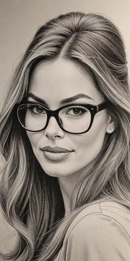 Charming Sofia Vergara, pencil sketch, portrait of Fetching woman 1966s in glasses, hair style beatnik, outline, clear lines, fine lines, 8k