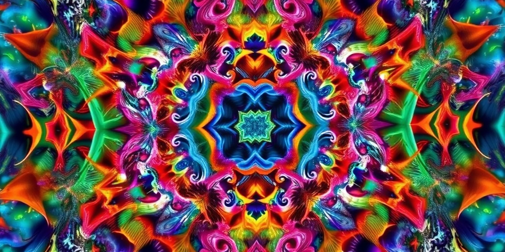 Create a high-resolution abstract fractal image with intricate patterns and vibrant colors, captured with a Canon EOS 5D Mark IV, using an f/8 aperture, ISO 200, 50mm lens, in a macro style with a symmetrical view.