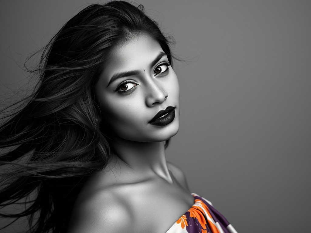 Photographic image of a beautiful young Sri Lankan woman, black eyes, lips with black lipstick, long hair fluttering in the wind and wearing a silk strapless dress with a soft purple and orange print. monochrome image with only color highlights in the iris of the eyes, lipstick and dress. Gray background.