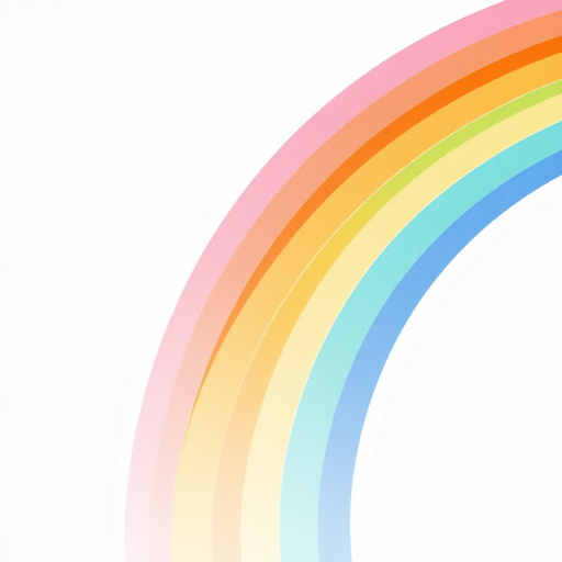 Create a vibrant and colorful illustration of a pastel rainbow with smooth arching lines against a soft white background, shot with a Canon EOS R5 at f/2.8, ISO 100, 35mm focal length, in natural light for an ethereal effect.