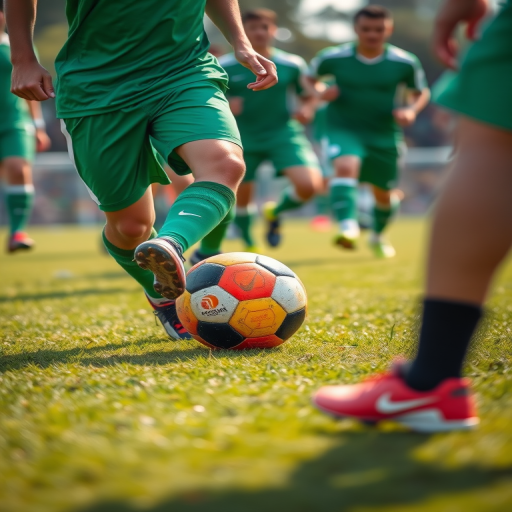 capture a dynamic scene of a soccer game focusing on the feet of players in green shorts kicking a brightly colored soccer ball on vibrant green grass, shallow depth of field, aperture f/2.8, shutter speed 1/1000s, ISO 200, 50mm lens, natural light