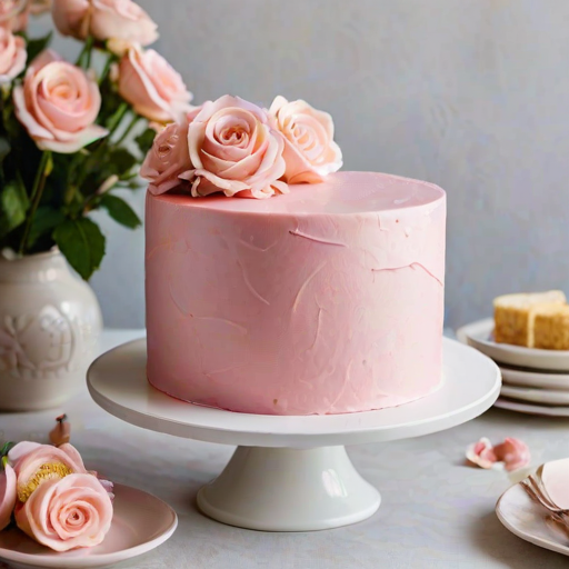 Create a round cake with a smooth pink frosting. Decorate the cake with delicate floral designs using pastel colors. Include various types of flowers, such as roses and small blossoms, along with subtle embellishments like tiny pearls or gold accents. The cake should have a modern and elegant appearance, set on a simple white cake stand against a neutral background.