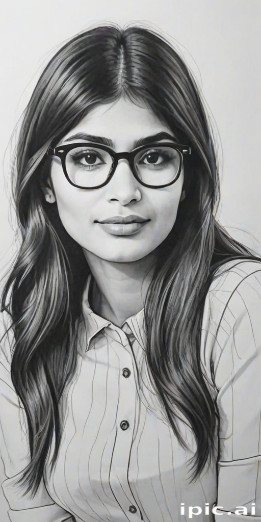 hot mia khalifa, pencil sketch, portrait of beautiful woman 60s in glasses, hair style beatnik, outline, clear lines, fine lines, 8k