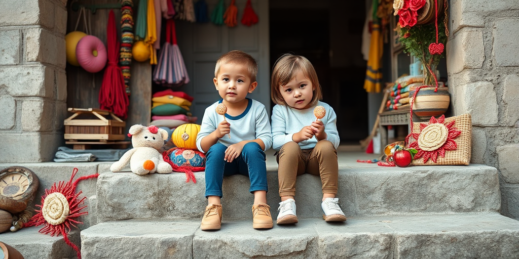 Generate an image of two children sitting on a stone step, both holding lollipops and wearing casual clothing, surrounded by colorful handmade crafts in a rustic outdoor setting, using a DSLR camera with a 50mm lens, aperture f/2.8, ISO 100, natural light, and a shallow depth of field for a soft background blur.