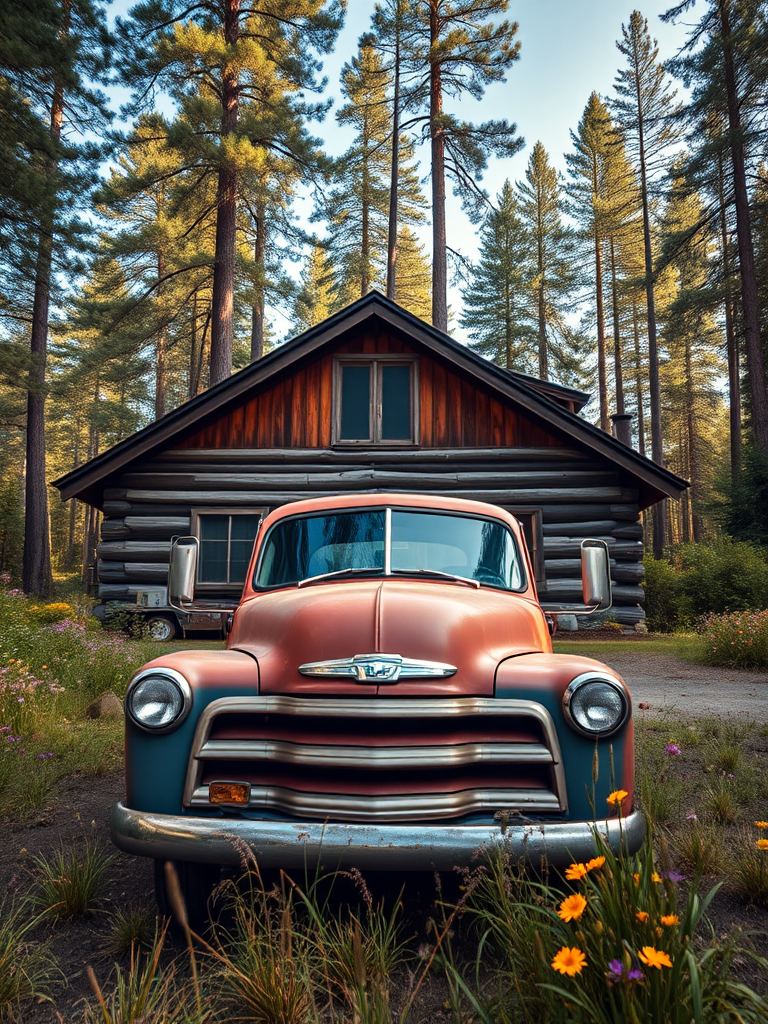 vintage truck parked in front of a rustic wooden cabin surrounded by tall pine trees and wildflowers, captured with a Canon EOS R5 at f/8, ISO 100, 1/200s, wide-angle lens for a vibrant and detailed landscape perspective