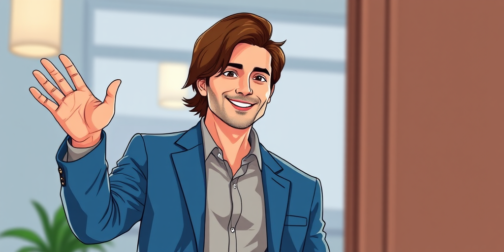 Create a digital illustration of a man with shoulder-length brown hair wearing a blue blazer and beige pants, raising his right hand in a welcoming gesture, captured from a slightly low angle, with vibrant colors and smooth lines, using a digital tablet style, simulating a Canon EOS R5 with a 50mm f/1.2 lens, settings at ISO 100, f/1.2, and a shutter speed of 1/200 sec.