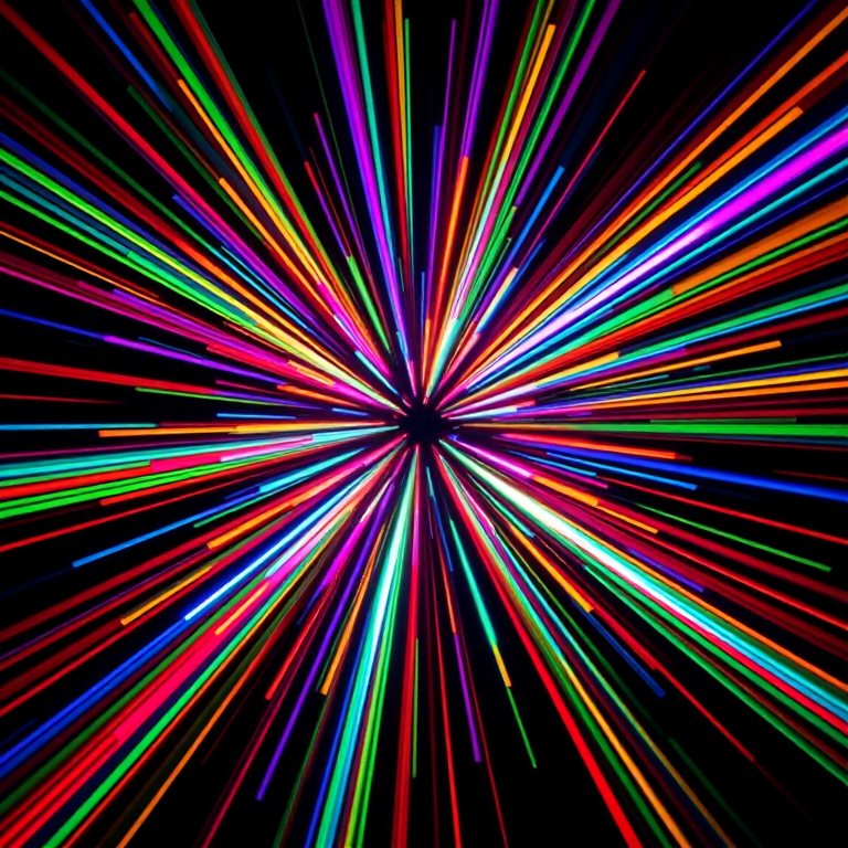 create a vibrant explosion of colorful light rays in a radial pattern against a black background with high dynamic range, using a DSLR camera with a 50mm lens, aperture set to f/1.8, ISO 100, shutter speed 1/250s for enhanced clarity and detail, shot from a symmetrical perspective.