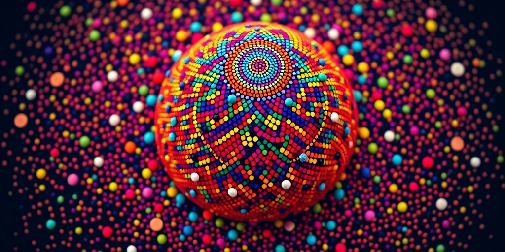 Create a vibrant abstract design featuring a colorful dome made of scattered dots, photographed with a Canon EOS R5, 25mm lens, f/8 aperture, ISO 100, in a flat lay style to enhance detail and clarity.