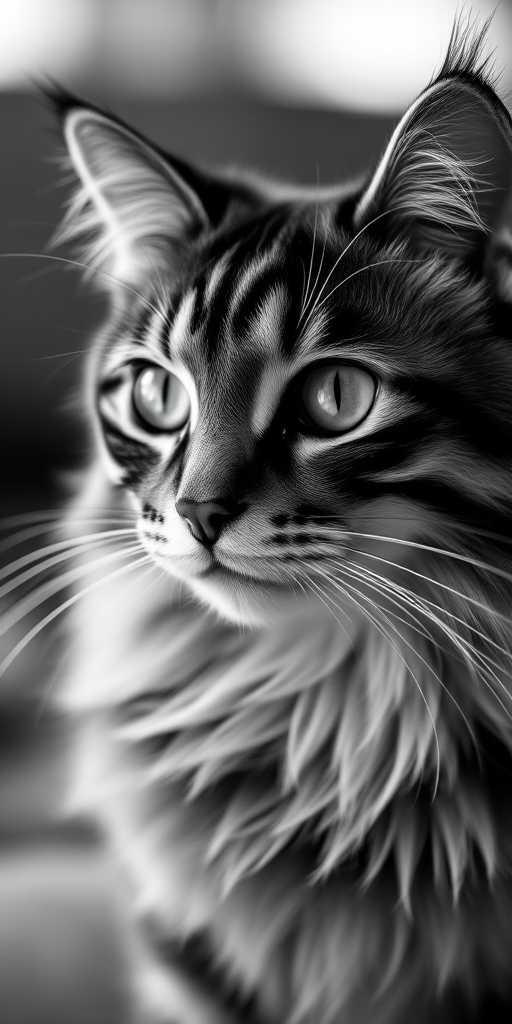 capture a high-quality close-up portrait of a Maine Coon cat with a shallow depth of field at f/2.8, ISO 100, 85mm lens, natural light, in black and white with soft contrast, using a DSLR camera