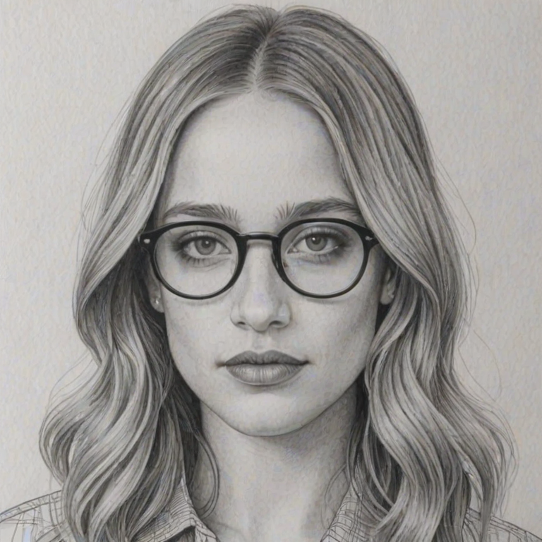 Charming Jemima Kirke, pencil sketch, portrait of Radiant woman 1972s in glasses, hair style beatnik, outline, clear lines, fine lines, 8k