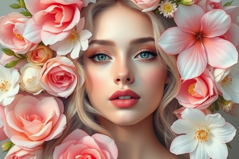 Create a highly detailed digital painting of a female figure surrounded by a lush floral arrangement, with soft pastel colors, using a Canon EOS R5 with a 50mm lens at f/1.8, shooting from a portrait view in vibrant light conditions to enhance depth and texture.