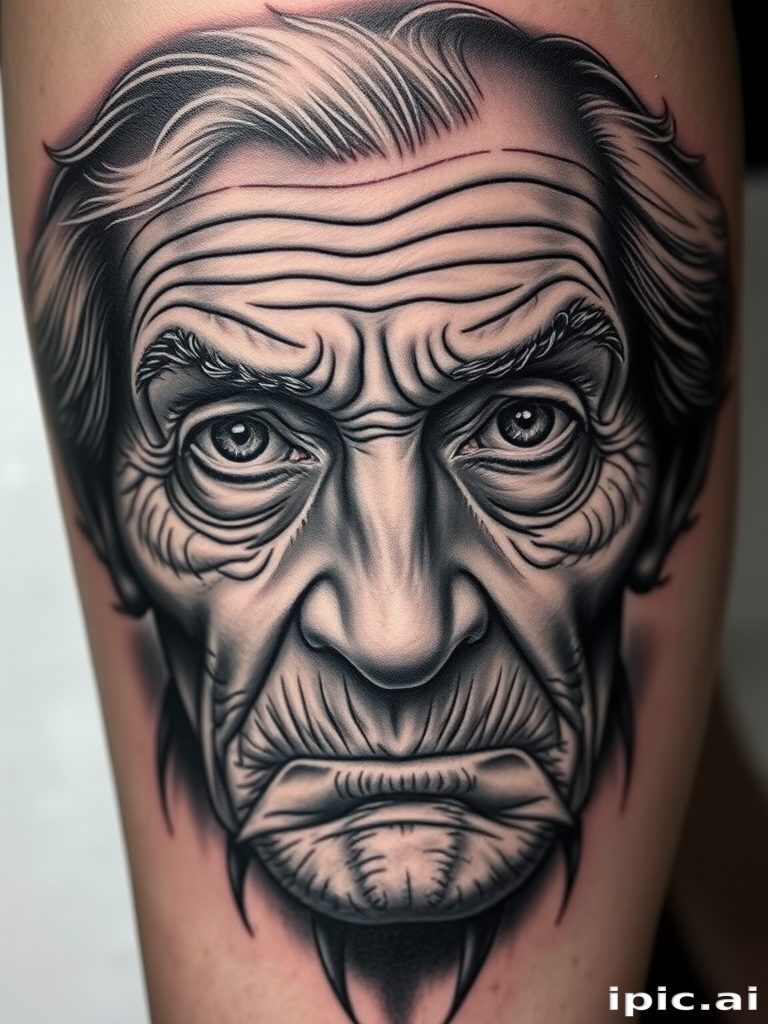 Realistic grayscale tattoo titled "Timeless Portrait" depicting a highly detailed elderly face with deep wrinkles wisdom-filled eyes and weathered skin textures capturing the essence of life's journey through expert shading techniques