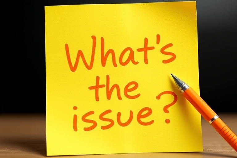 Yellow post-it note, hand written in orange pen text "What's the issue??", 3d, hd, hyper realistic,