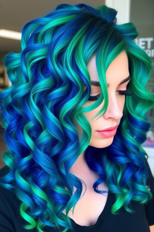 Bold sapphire blue to emerald green color melt styled in tight spiral curls, creating a mesmerizing jewel-toned cascade of vibrant hues