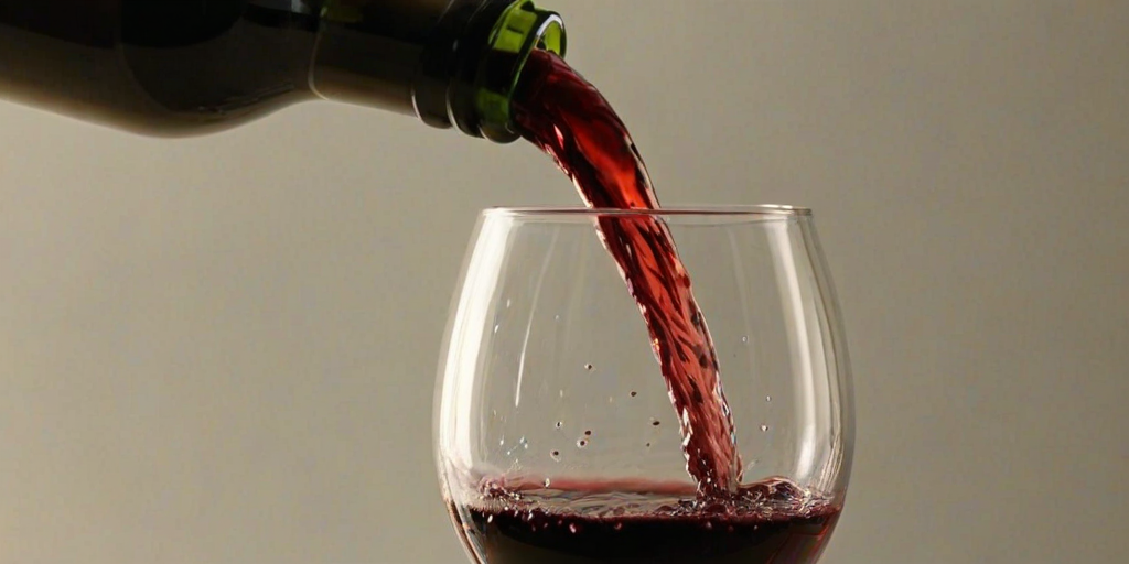 Sharp, detailed close-up of a glass of red wine being poured, soft sunlight reflecting off the liquid, tiny bubbles forming in the glass, the smell of oak and grapes lingering in the air, and a sense of elegance captured.
