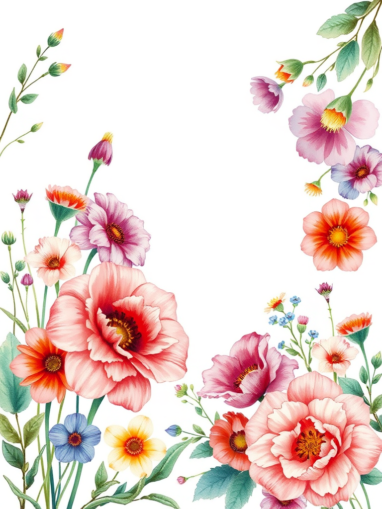 create a floral watercolor illustration with a white background featuring colorful flowers and greenery in the corners, shot with a Canon EOS R5, 50mm lens, f/2.8 aperture, ISO 100, in natural light, with a soft focus to enhance detail and depth.