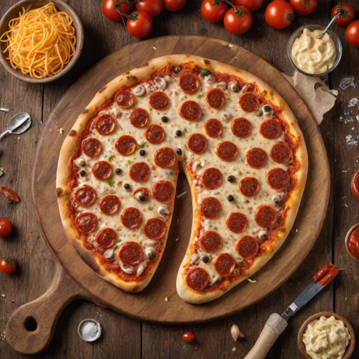 Pizza shaped like giant human foot. Golden-brown crust mimics skin texture and toenails. Tomato sauce and melted cheese cover 'sole'. Various toppings scattered realistically. Soft side lighting highlights textures. Served on rustic wooden table. Closeup view.