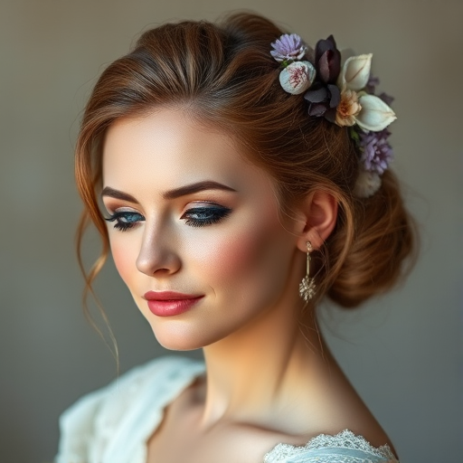 Graceful woman sporting a romantic updo with soft tendrils framing her face, adorned with delicate floral accessories and a subtle lavender tint
