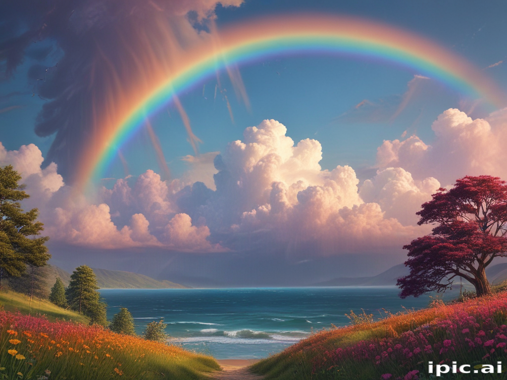Majestic Rainbow Arcing Over a Serene Landscape with Vibrant Flowers