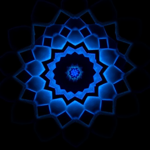 highly detailed hexagonal pattern with a glowing blue center, dark background, ISO 100, f/8, 1/60s shutter speed, 50mm lens, top-down view, macro photography, digital camera