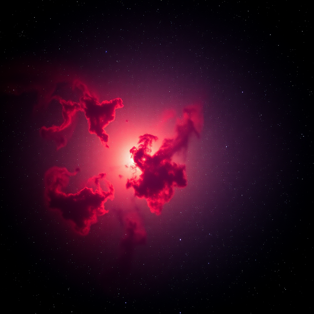 Create an ethereal cosmic scene featuring vivid nebulas in shades of red and orange against a deep black background, captured with a Canon EOS R5, 24mm f/1.4 lens, ISO 3200, aperture f/2.8, shutter speed 30 seconds, in a wide-angle view with high dynamic range and enhanced detail.