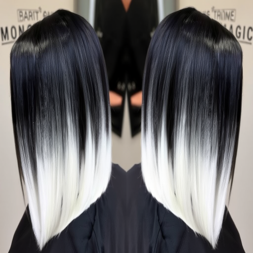 Jet black to white ombre styled in a sleek, pin-straight lob by "Monochrome Magic" salon, featuring a sharp, angled cut that's longer in the front, with a high-shine finish that creates a striking contrast between the dark roots and icy tips, exuding modern sophistication.