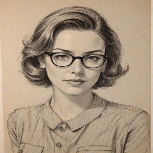 Magnificent Christa Miller, pencil sketch, portrait of Gorgeous woman 1941s in glasses, hair style beatnik, outline, clear lines, fine lines, 8k