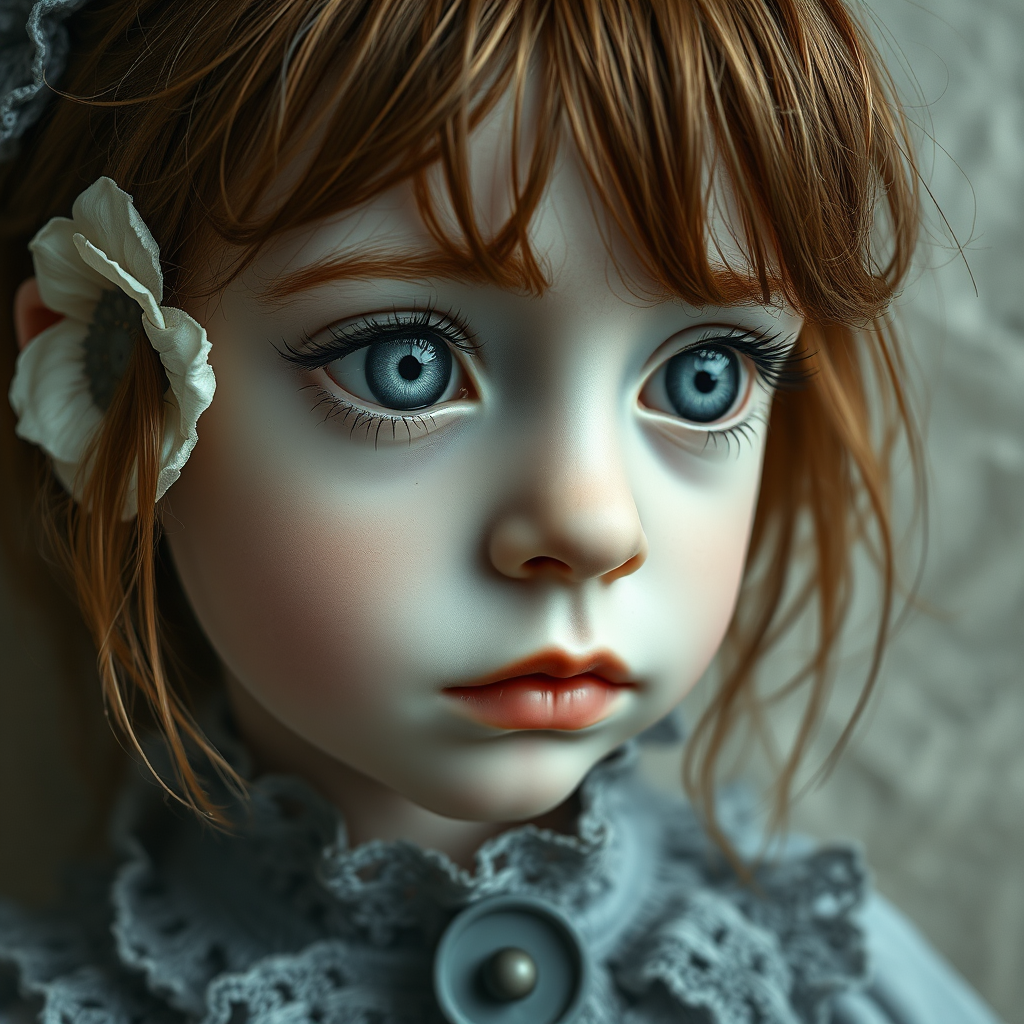 COLOR CHALK AND GRAPHITE, MACRO, WHIMSICAL CHILD,  PORCELAIN SKIN, VERY BIG GREY-BLUE EYES LOOKING DOWN WITH EXTREMELY LONG EYELASHES, SMALL MOUTH,  STRINGY AND MESSY BROWN HAIR with a flower, grey frilly lace collar, sad. The background should be textured and neutral in color to make the subject stand out. Orton effect, surreal, style of Nicoletta Ceccilo