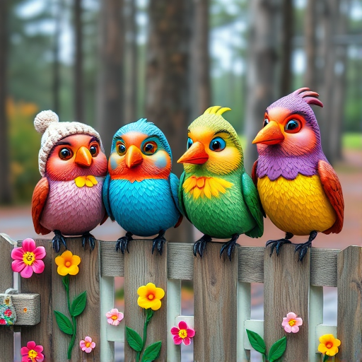 create a scene of 4 quirky  whimsical colourful comical birds each with a funny expression. they are sat on a wooden fence with colourful flowers. they are all different sizes. each one is a different colour  one is wearing a woolly hat. Each one has a different quirky google expression and there is a muted background of trees watercolour paintierly style high definition 8k resolution 3D paper mache