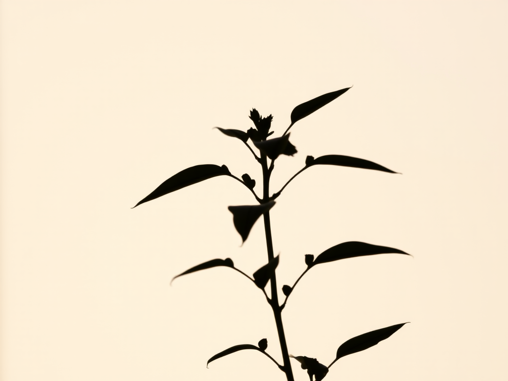 Generate a high-quality image of a silhouette of a plant on a plain background, captured with a DSLR camera, aperture f/2.8, shutter speed 1/125s, ISO 100, with soft natural lighting and a shallow depth of field for blurred background.