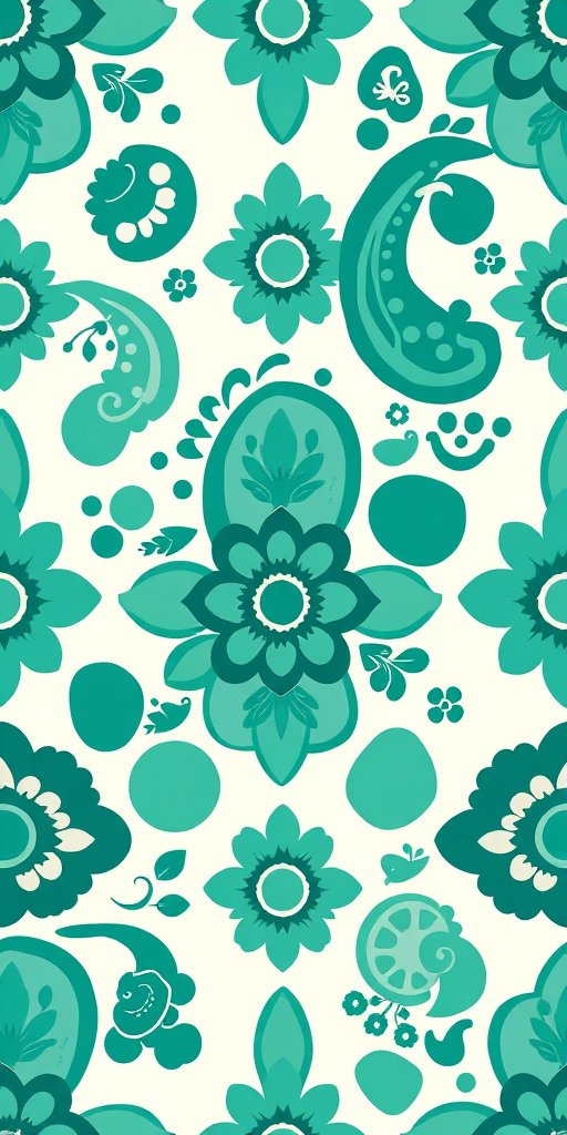 Create a seamless pattern design featuring paisley shapes in varying shades of teal and green, incorporating floral elements and circles, with a soft focus effect, shot with a DSLR camera at f/8 aperture, 50mm lens, and vibrant color settings.