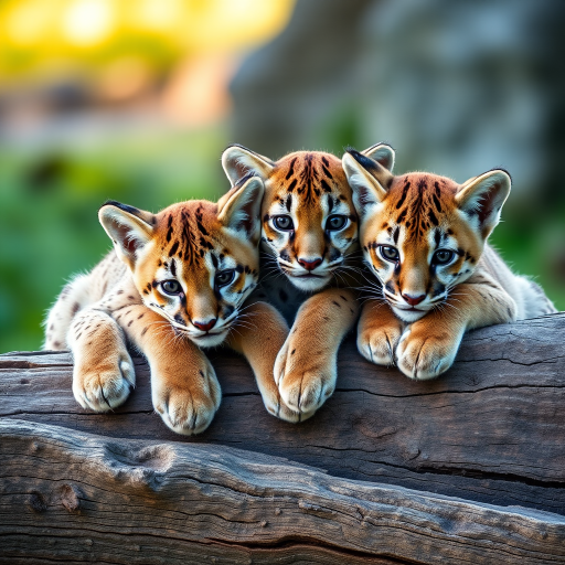 Capture a close-up image of three playful young cougars resting on a log, in soft natural light, using a DSLR camera with a 50mm lens, aperture set to f/2.8, ISO 200, and a shallow depth of field to create a soft background blur.