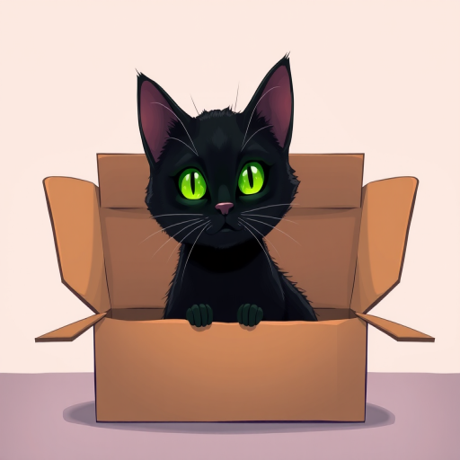 Create an illustration of a black cat with glowing green eyes sitting in an open cardboard box, soft pastel background, using a high-resolution digital art style, with a focus on smooth lines and vibrant colors, simulating a digital camera with 50mm lens at f/2.8 for a shallow depth of field, capturing a frontal view.