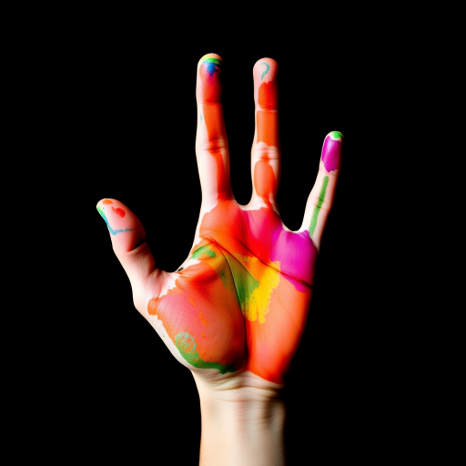 Create a high-resolution image of a colorful handprint on a black background, using a DSLR camera with a 50mm lens, aperture set to f/1.8 for a shallow depth of field, ISO 100 for optimal image clarity, and a soft diffused lighting setup to enhance colors and textures.