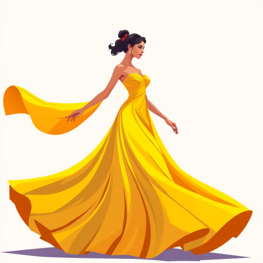 Generate a vibrant, stylized illustration of a woman in a flowing, elegant gown with bold colors like yellow and orange, using high-resolution vector graphics, with a focus on dynamic poses and smooth lines, captured with a digital camera setting of f/8 aperture, ISO 100, 1/250s shutter speed, shot in portrait mode for enhanced detail and clarity.