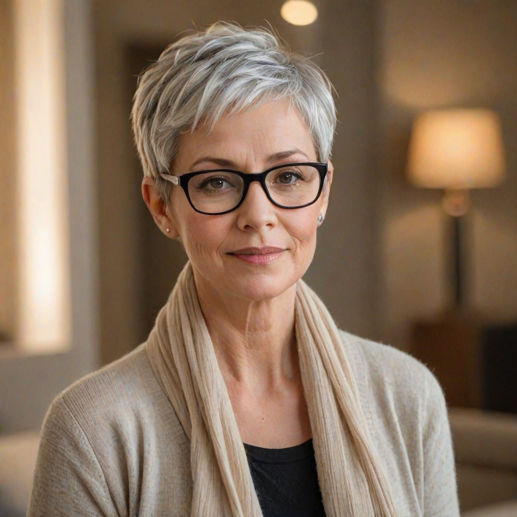 Portrait of a mature woman with short silver hair, styled in an asymmetrical pixie cut with side bangs. She wears black-framed glasses and a beige blouse with a white cardigan over it, as well as a bulky scarf in neutral tones. The woman is indoors with soft lighting and a blur in the background. Her expression is serene and confident, highlighting her elegance and modern style.